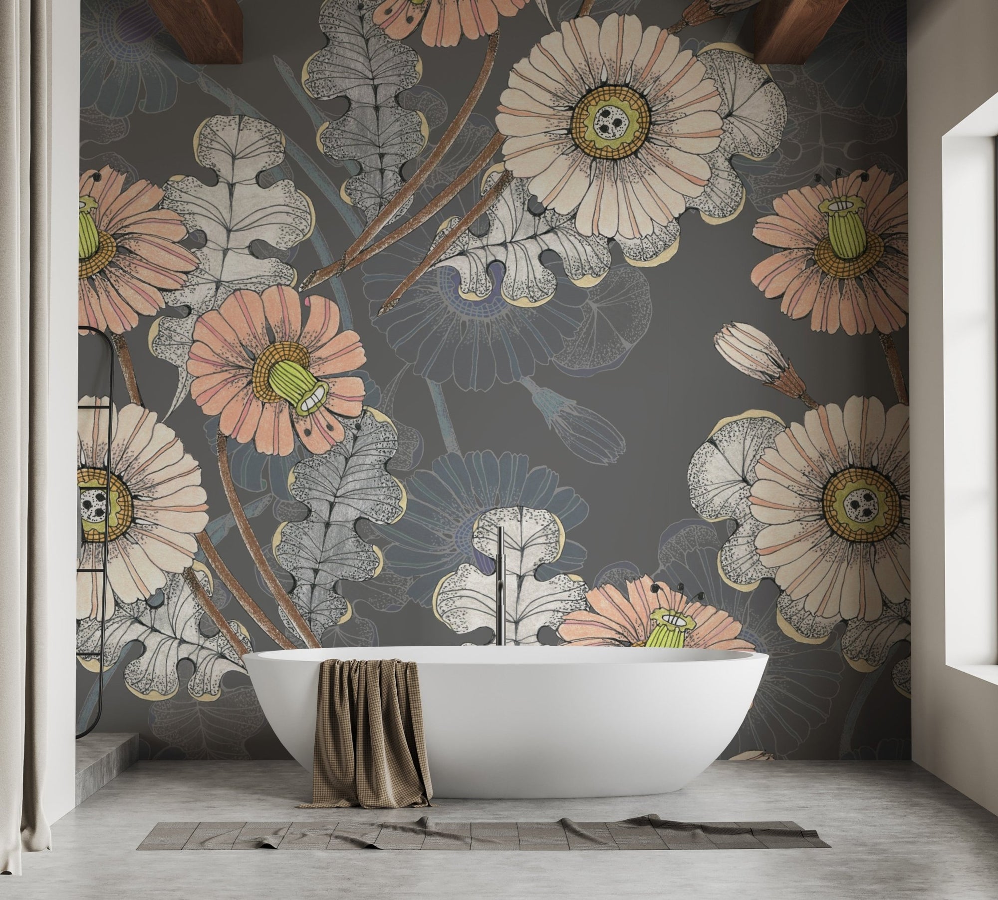 Botanical sketch flower mural for chic and natural bathroom wall decor.
