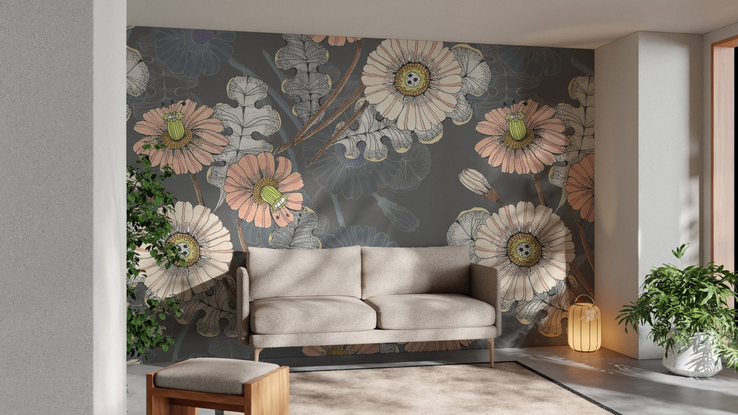 Elegant sketchbook-style flower mural for serene living area wall decor.

