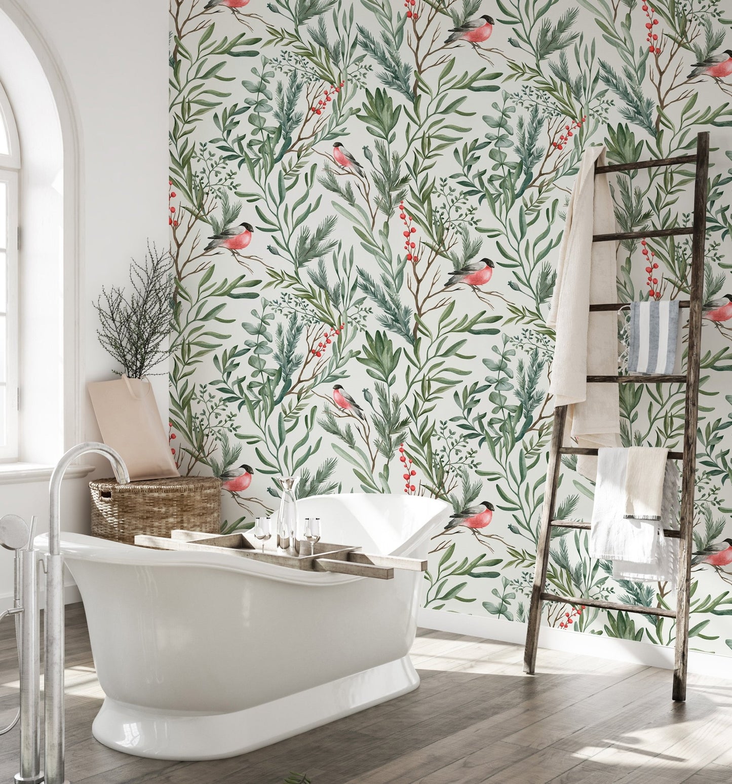 Botanical Watercolor Leaves Bullfinch Bird Foliage Wallpaper