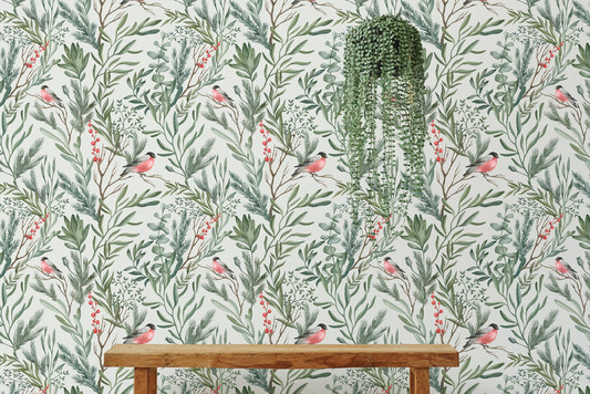 Botanical watercolor leaves bullfinch bird foliage wall mural behind a wooden bench.