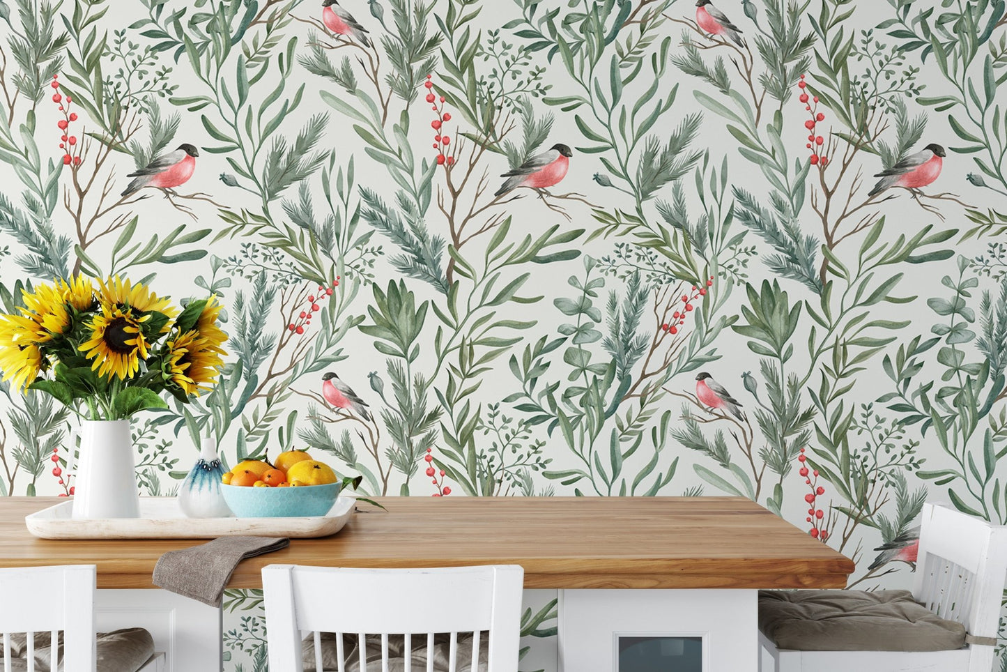 Botanical Watercolor Leaves Bullfinch Bird Foliage Wallpaper