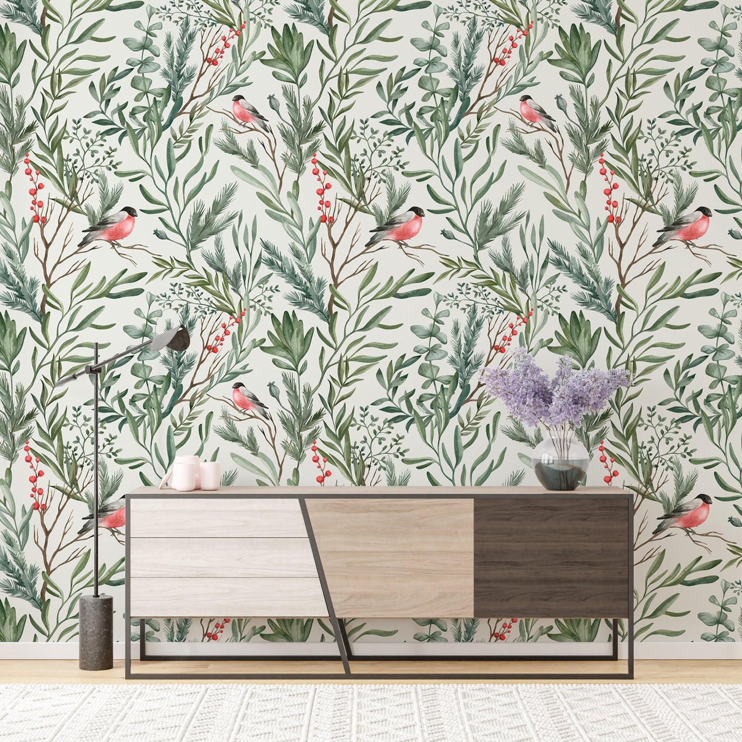 Botanical Watercolor Leaves Bullfinch Bird Foliage Wallpaper