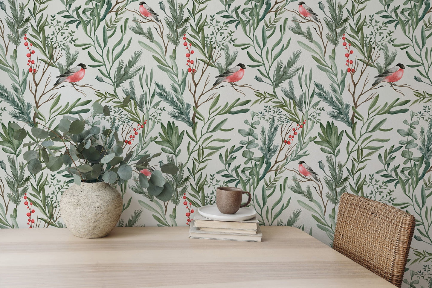 Botanical Watercolor Leaves Bullfinch Bird Foliage Wallpaper