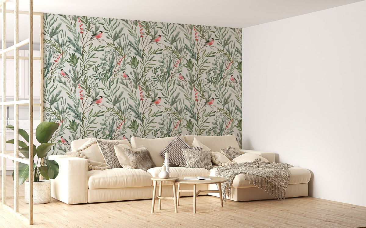 Green botanical foliage wall mural in a living room with a white sofa and wood floor.