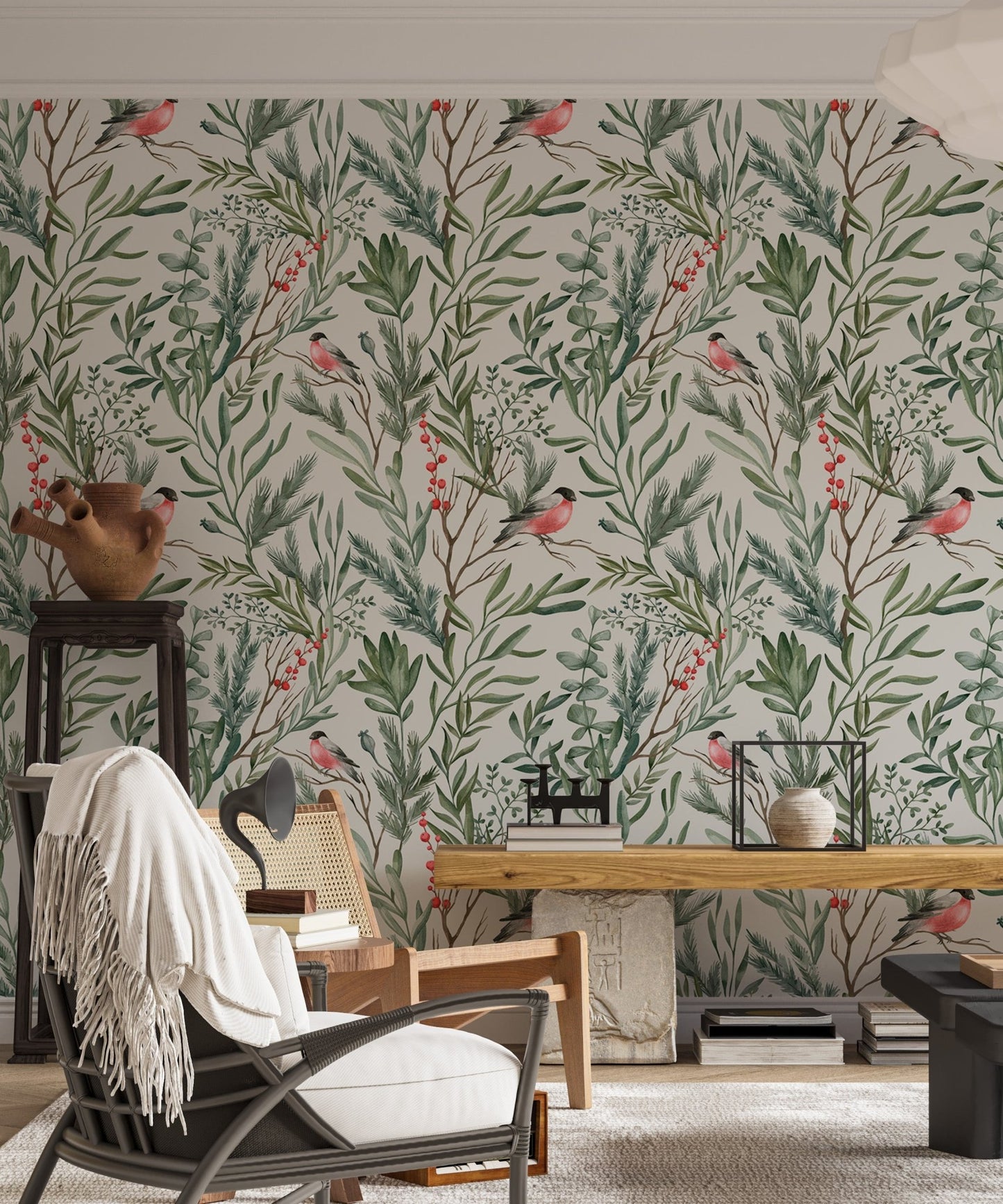 Botanical Watercolor Leaves Bullfinch Bird Foliage Wallpaper