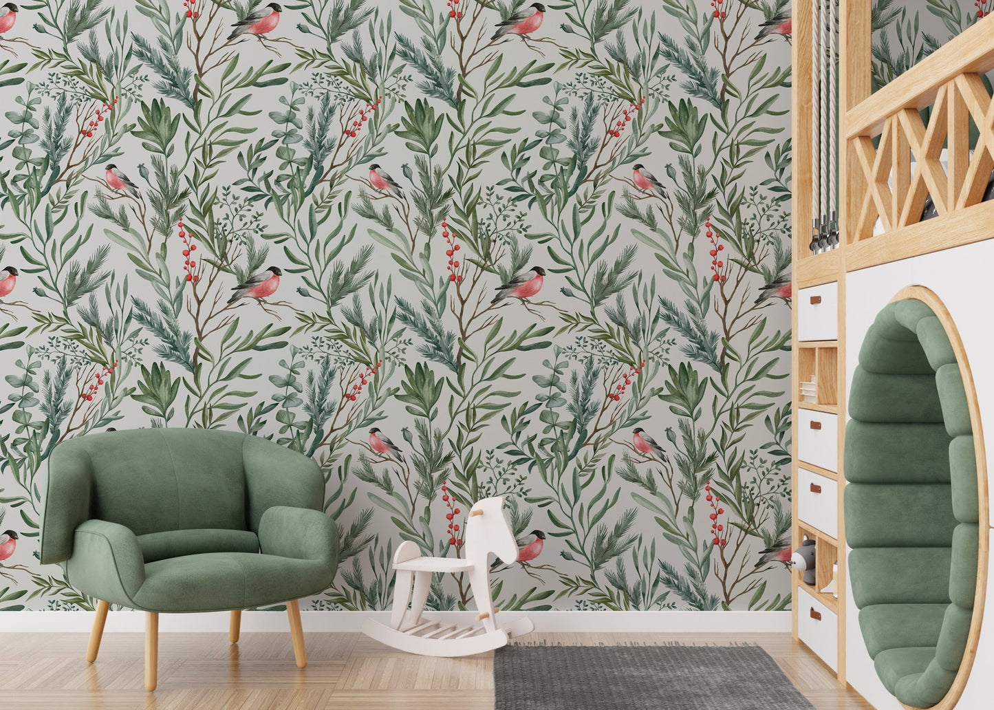 Botanical Watercolor Leaves Bullfinch Bird Foliage Wallpaper