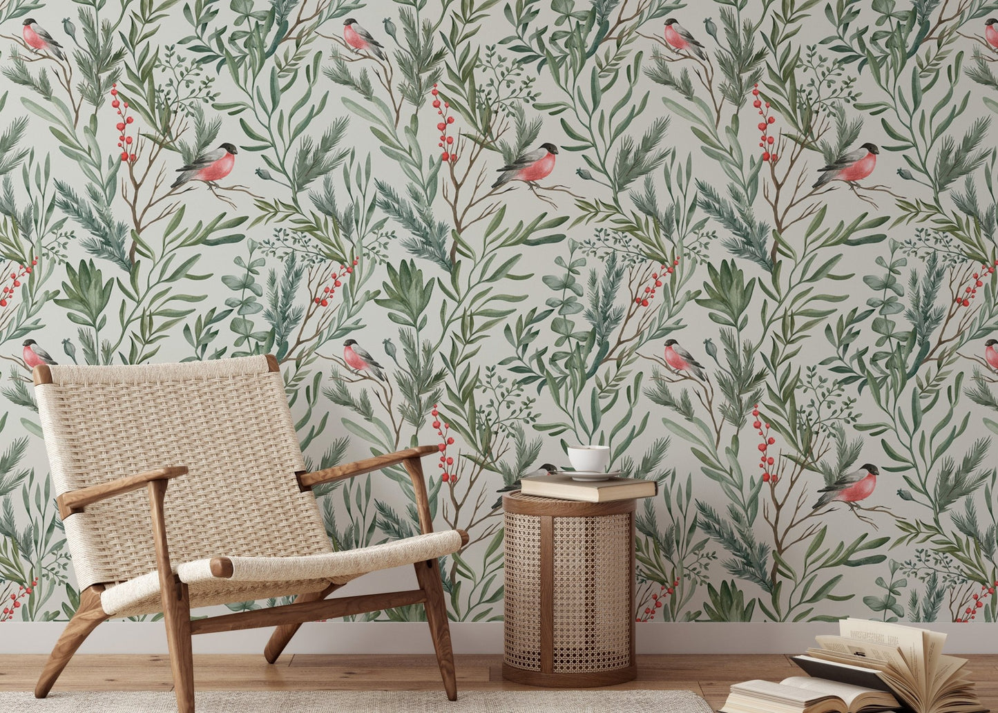 Botanical Watercolor Leaves Bullfinch Bird Foliage Wallpaper