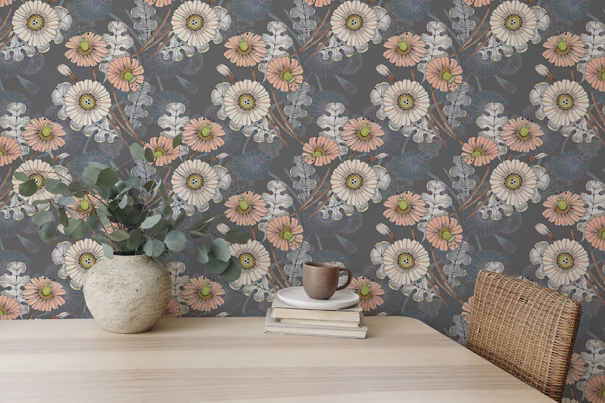 Botanical gray wallpaper design decorating a contemporary home office desk area.
