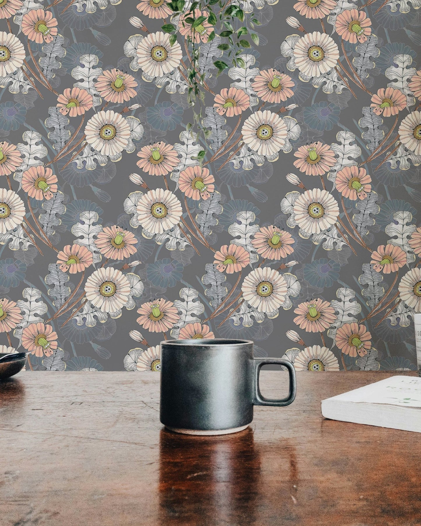 Bouquet Decorative Flowers Drawing Gray Wallpaper displayed behind a coffee mug.