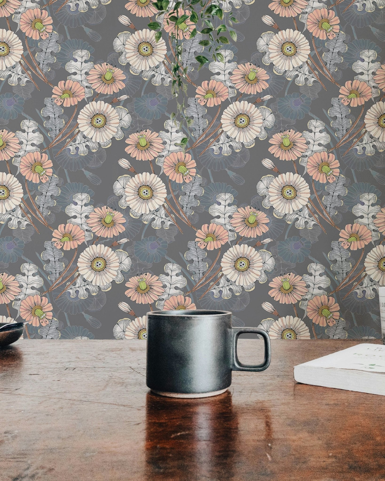 Bouquet Decorative Flowers Drawing Gray Wallpaper displayed behind a coffee mug.