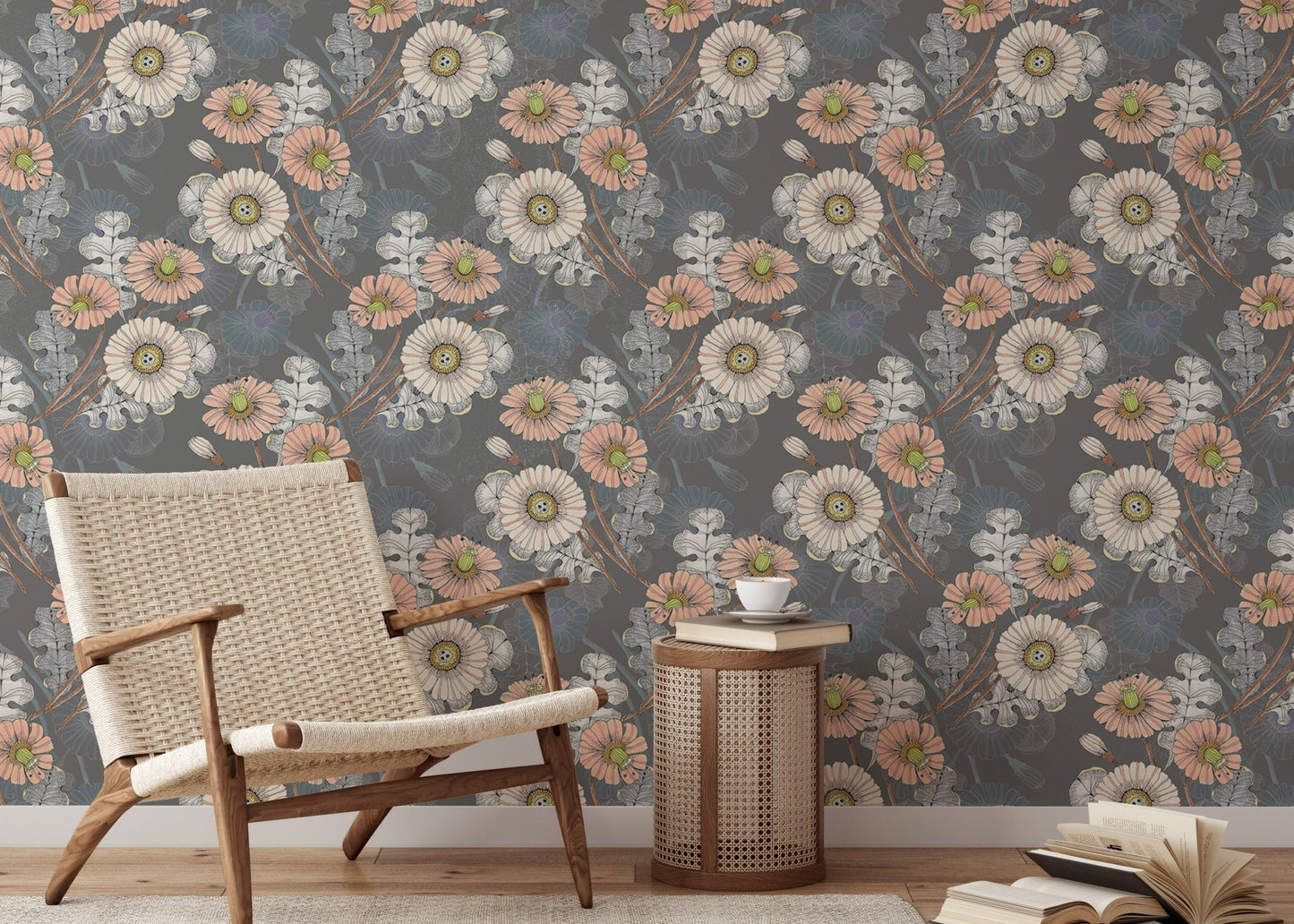 Flower wallpaper in a minimalist reading space with a mid-century accent chair.