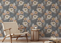 Flower wallpaper in a minimalist reading space with a mid-century accent chair.