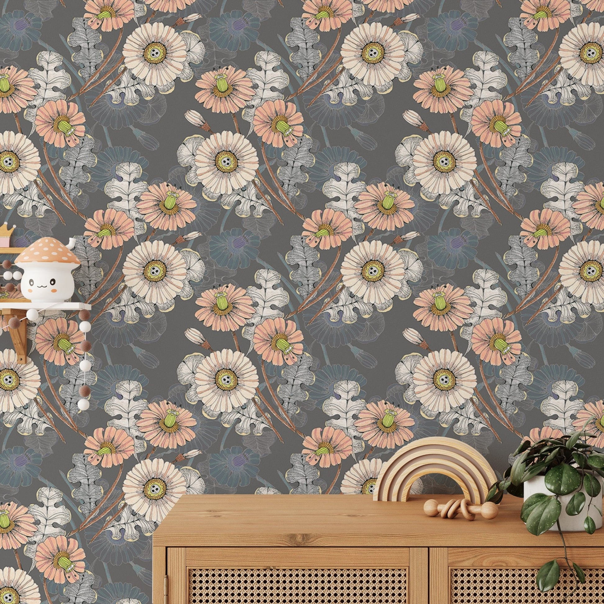 Flower wallpaper in a rustic kids room setting with wooden furniture.