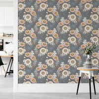 Decorative flowers drawing wallpaper in a hallway next to a small wooden stool.