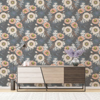 Bouquet Decorative Flowers Drawing Gray Wallpaper behind a modern wooden sideboard.