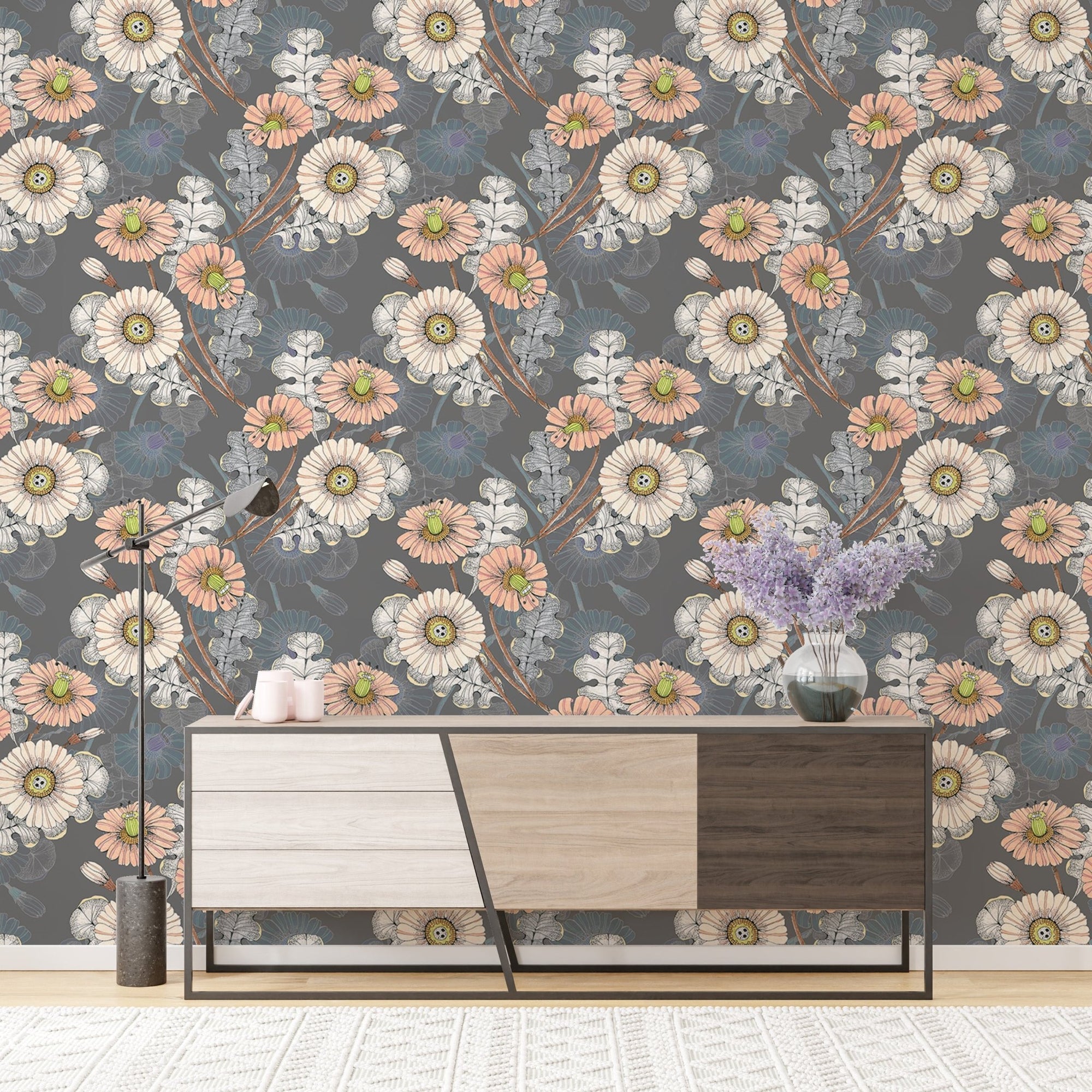 Bouquet Decorative Flowers Drawing Gray Wallpaper behind a modern wooden sideboard.