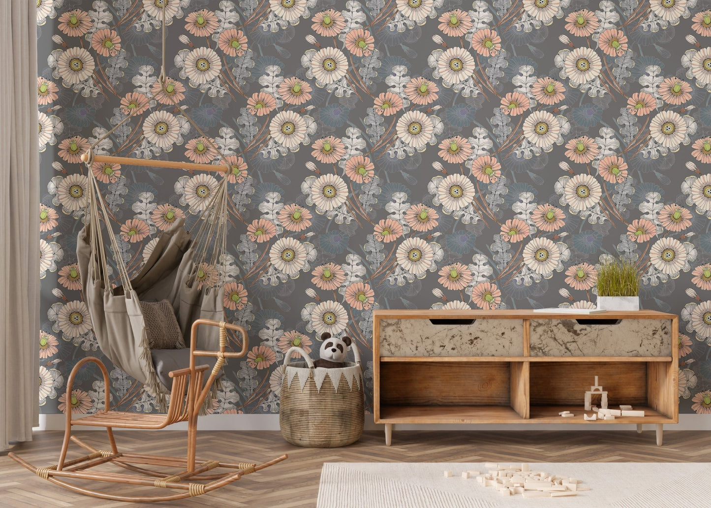 Bouquet Decorative Flowers Drawing Gray Wallpaper in a cozy kids room.