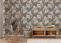 Bouquet Decorative Flowers Drawing Gray Wallpaper in a cozy kids room.
