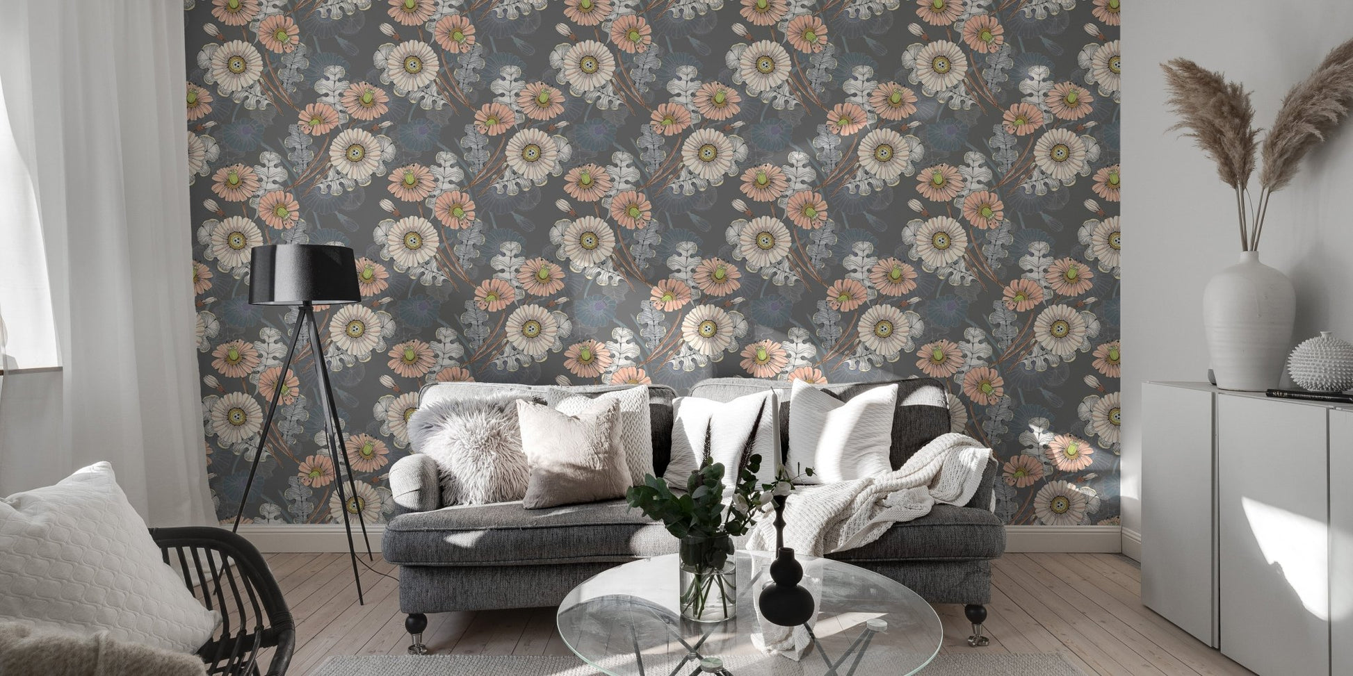 Patterned gray wallpaper in a modern flat with a dark gray velvet sofa.