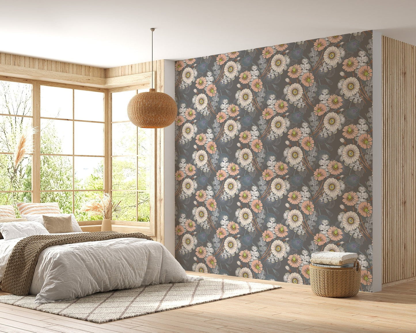 Floral bouquet wallpaper in a master bedroom with neutral bedding and wood accents.