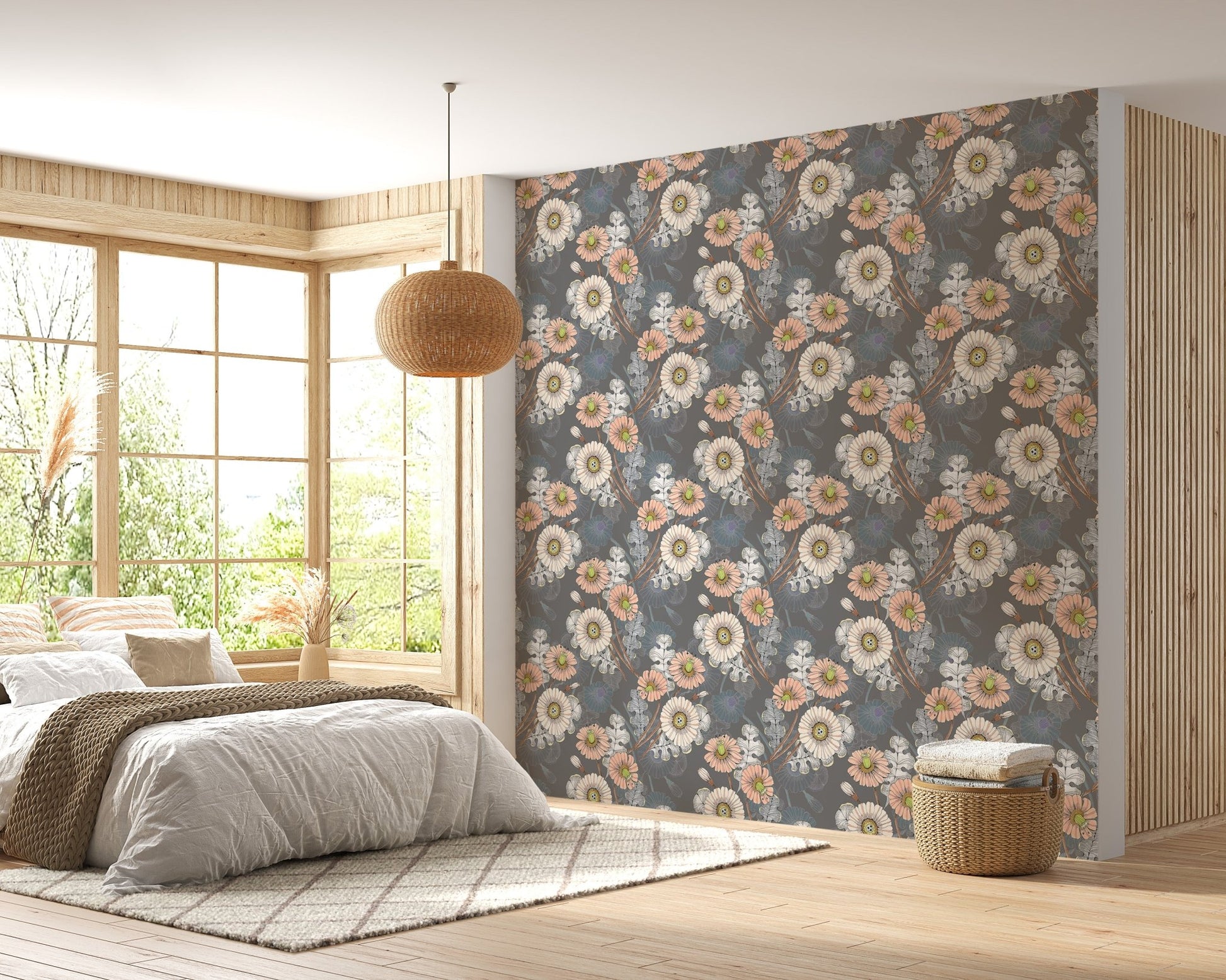 Floral bouquet wallpaper in a master bedroom with neutral bedding and wood accents.