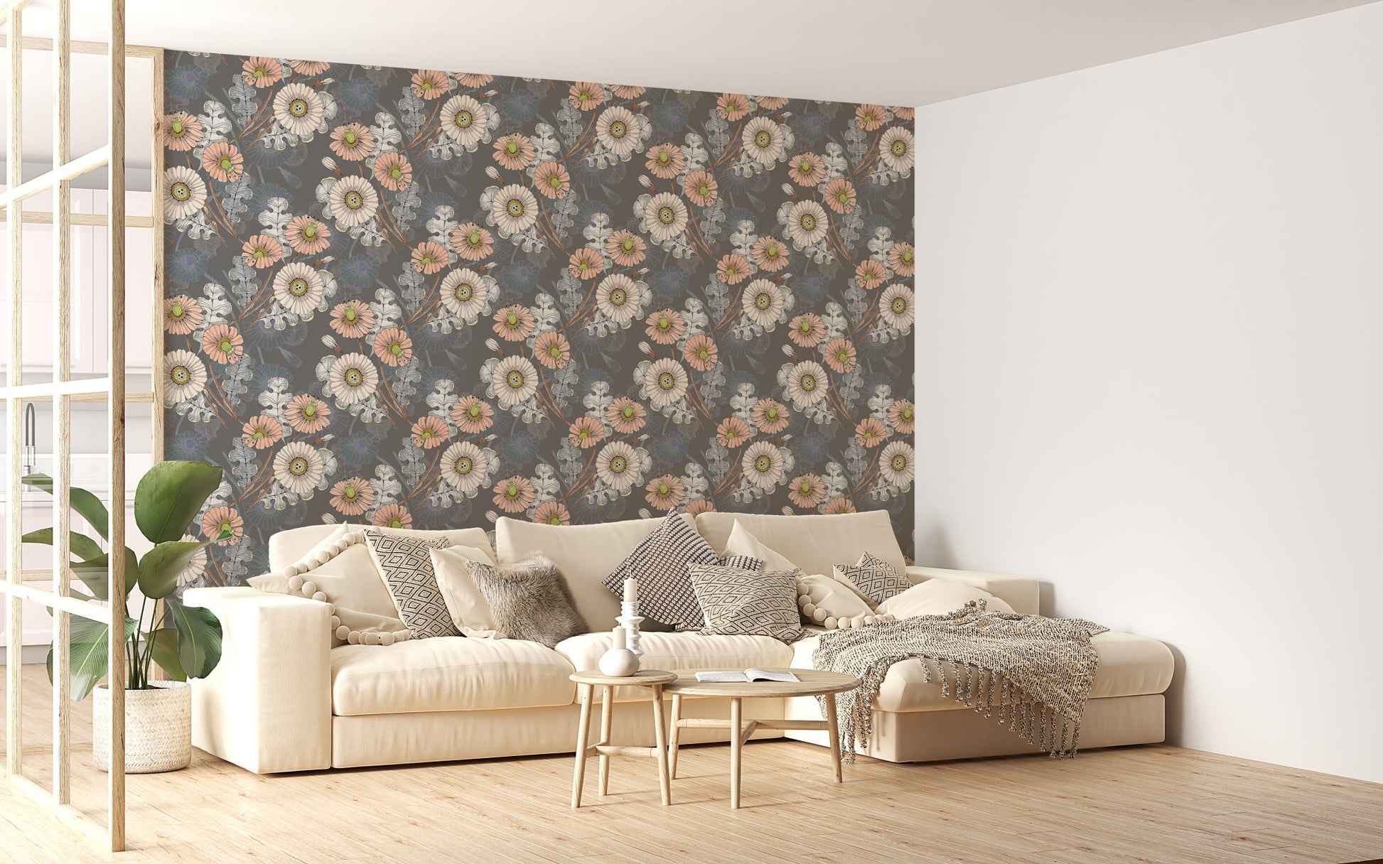 Bouquet Decorative Flowers Drawing Gray Wallpaper used in a luxury sofa seating area.
