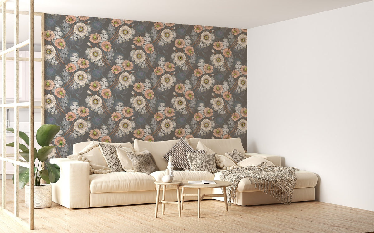 Bouquet Decorative Flowers Drawing Gray Wallpaper used in a luxury sofa seating area.