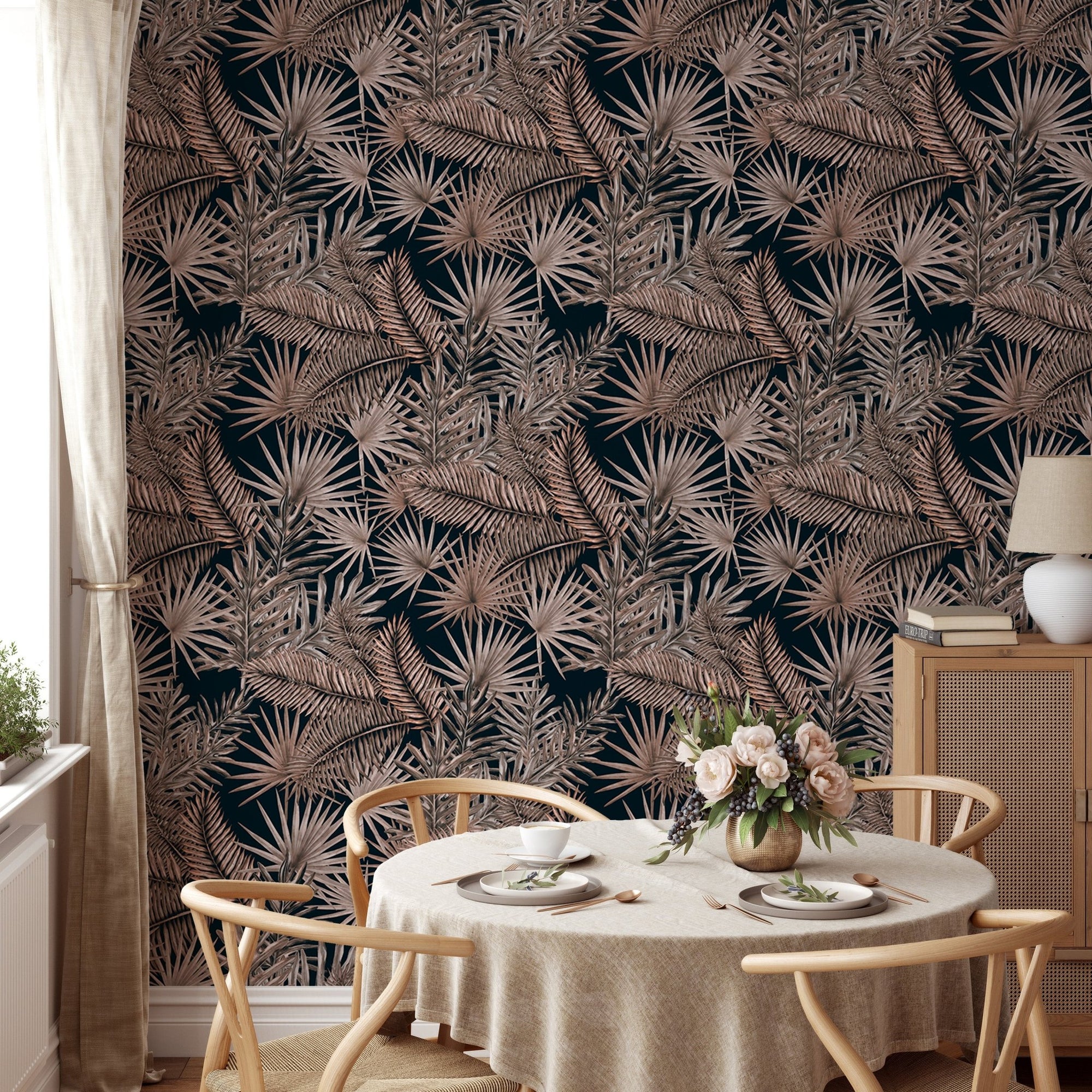 Boutique Jungle Glam Tropical Leaves Pattern Wallpaper in dining area with wooden chairs.