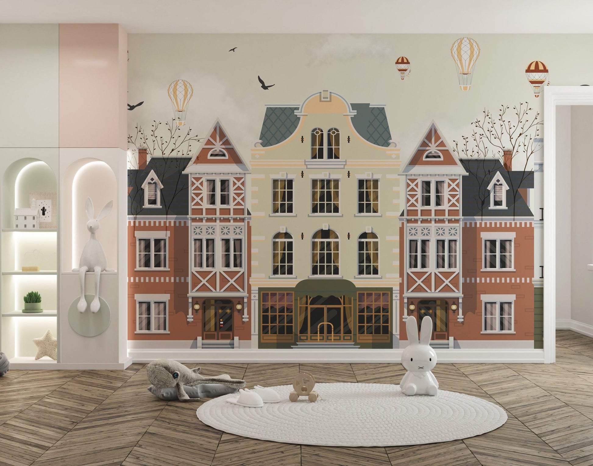 Soft color heritage rowhouse wall mural for modern wall decor.