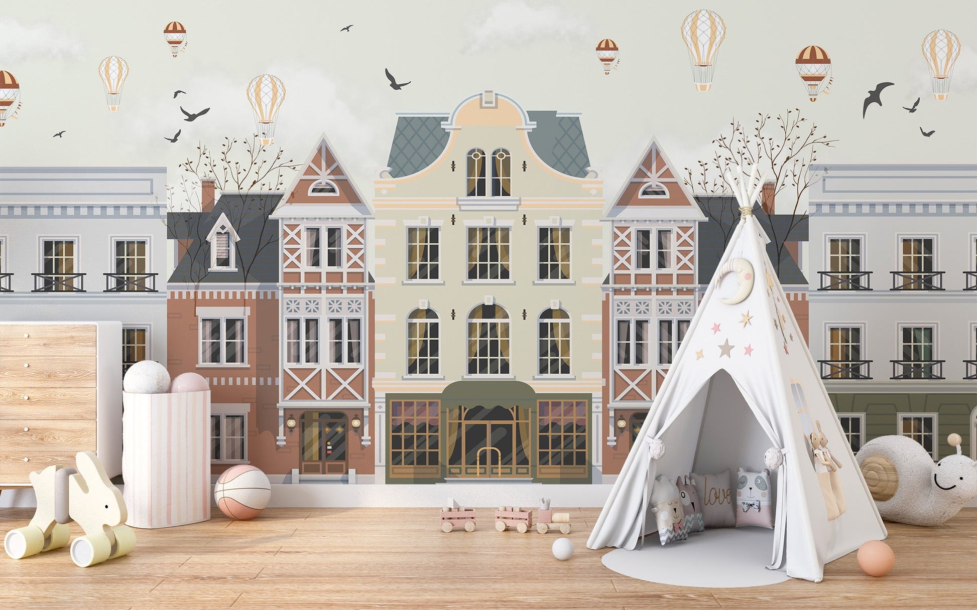 Elegant rowhouse architecture wall mural in neutral color palette.