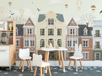 Classic urban rowhouse wall mural with subtle sky backdrop.