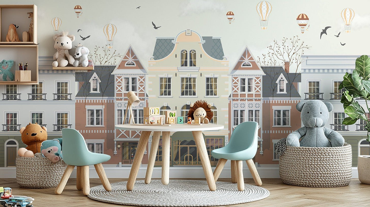 Vintage european rowhouses wall mural in muted beige and brick tones.