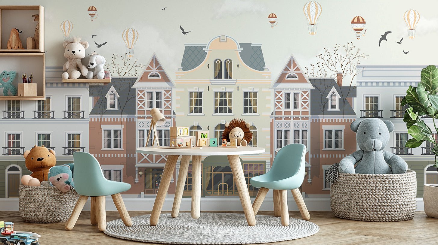 Vintage european rowhouses wall mural in muted beige and brick tones.