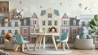 Vintage european rowhouses wall mural in muted beige and brick tones.