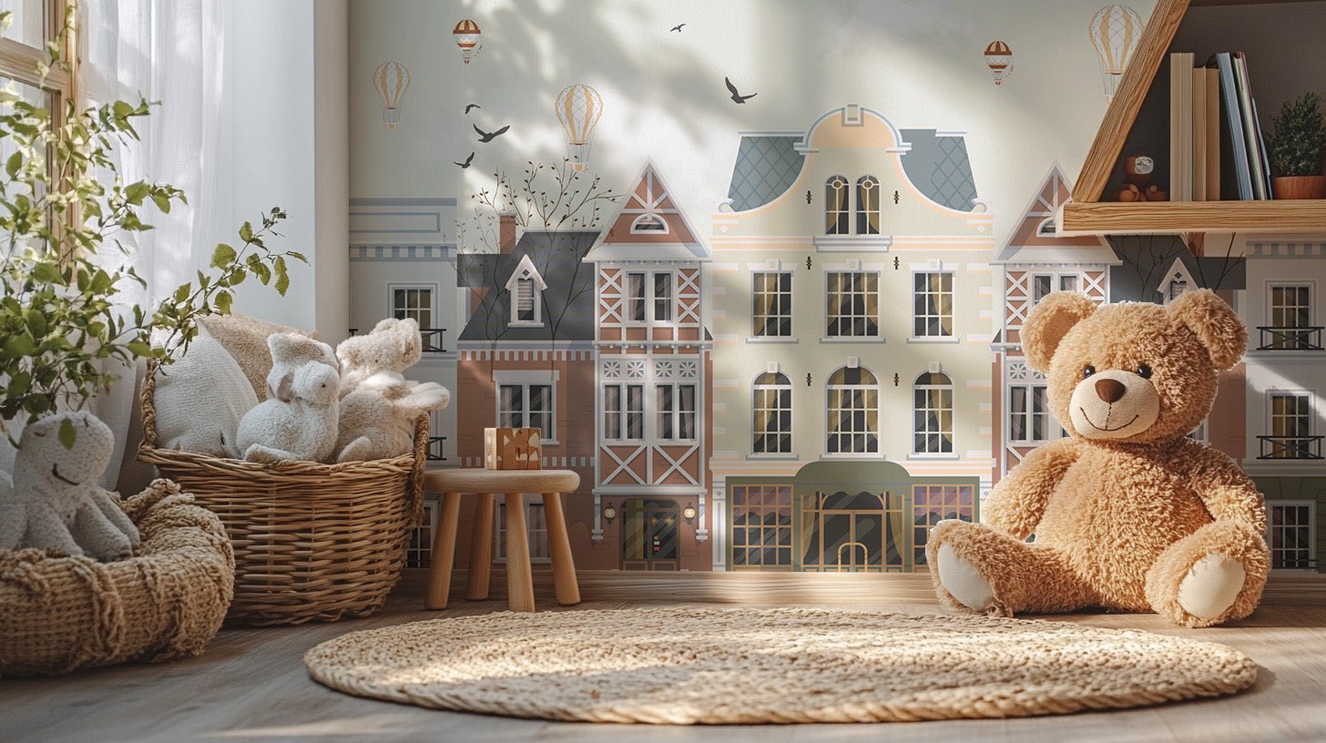 Architectural rowhouse wall mural with hot air balloons and birds.
