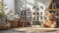 Architectural rowhouse wall mural with hot air balloons and birds.
