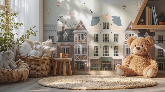 Architectural rowhouse wall mural with hot air balloons and birds.
