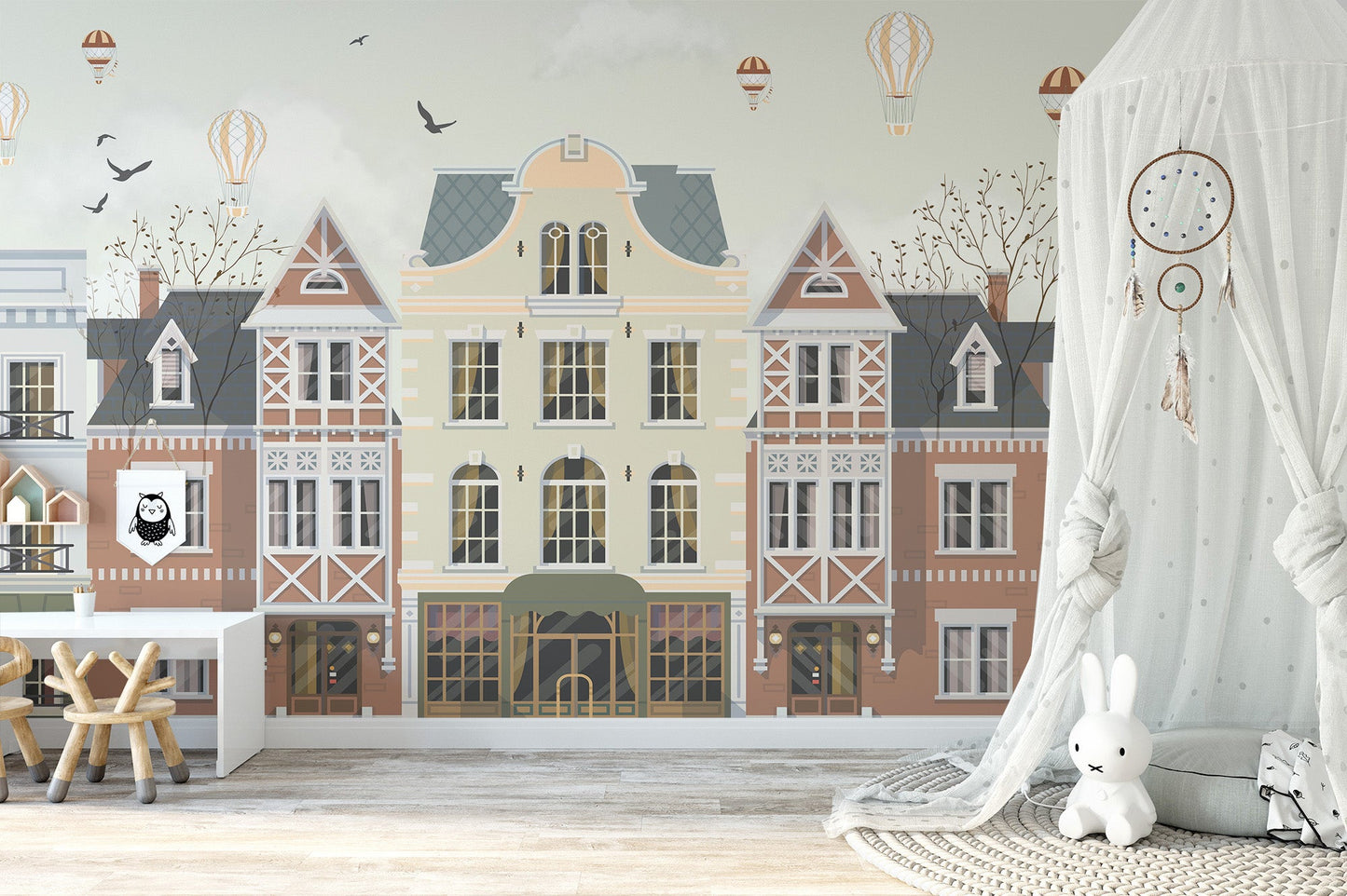 Artistic city rowhouse wall mural in soft gray and terracotta color.