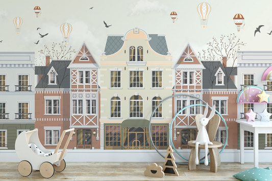 Breeze whisperer rowhouses wall mural with pastel townhouse illustration.