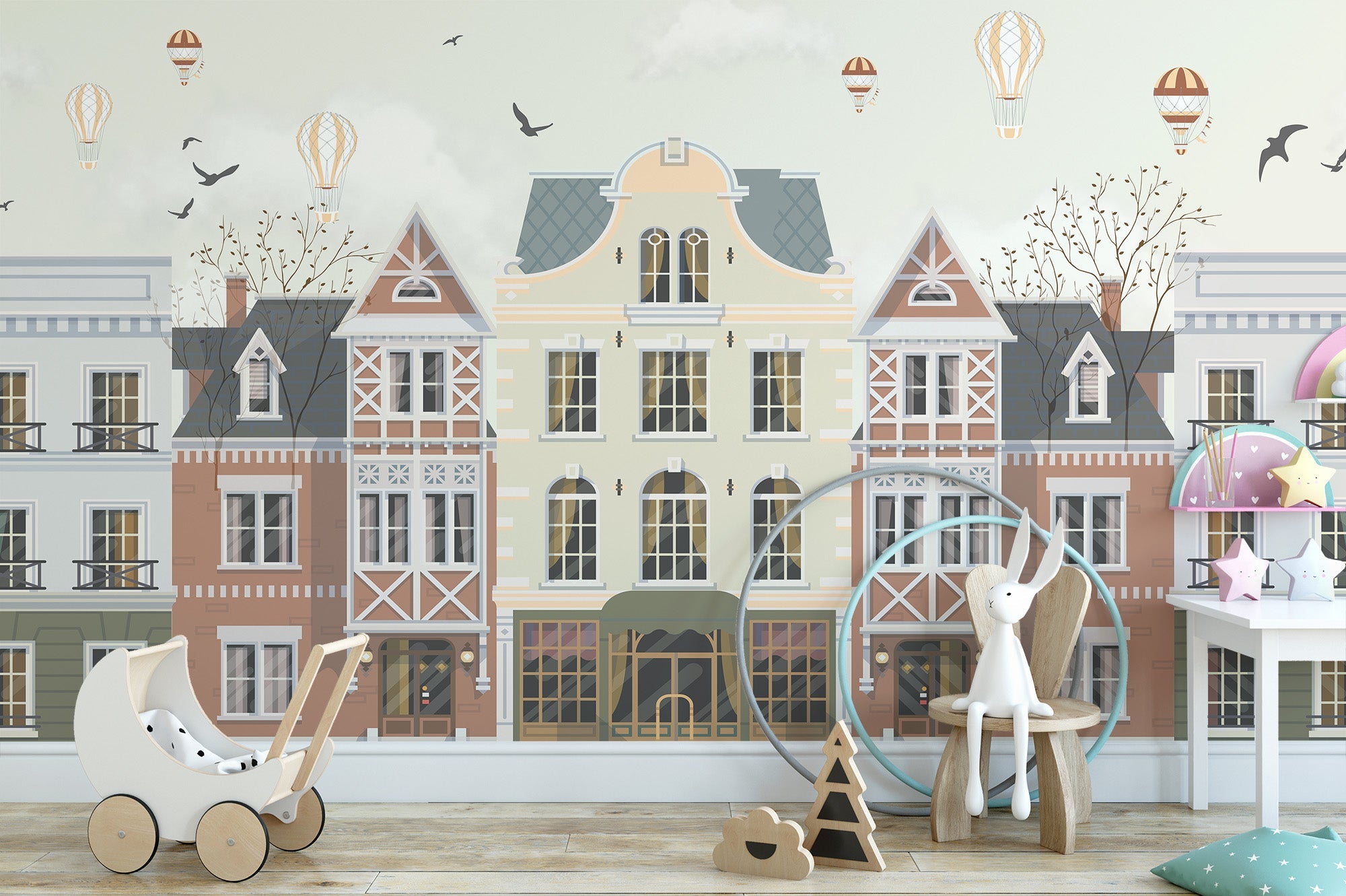 Breeze whisperer rowhouses wall mural with pastel townhouse illustration.