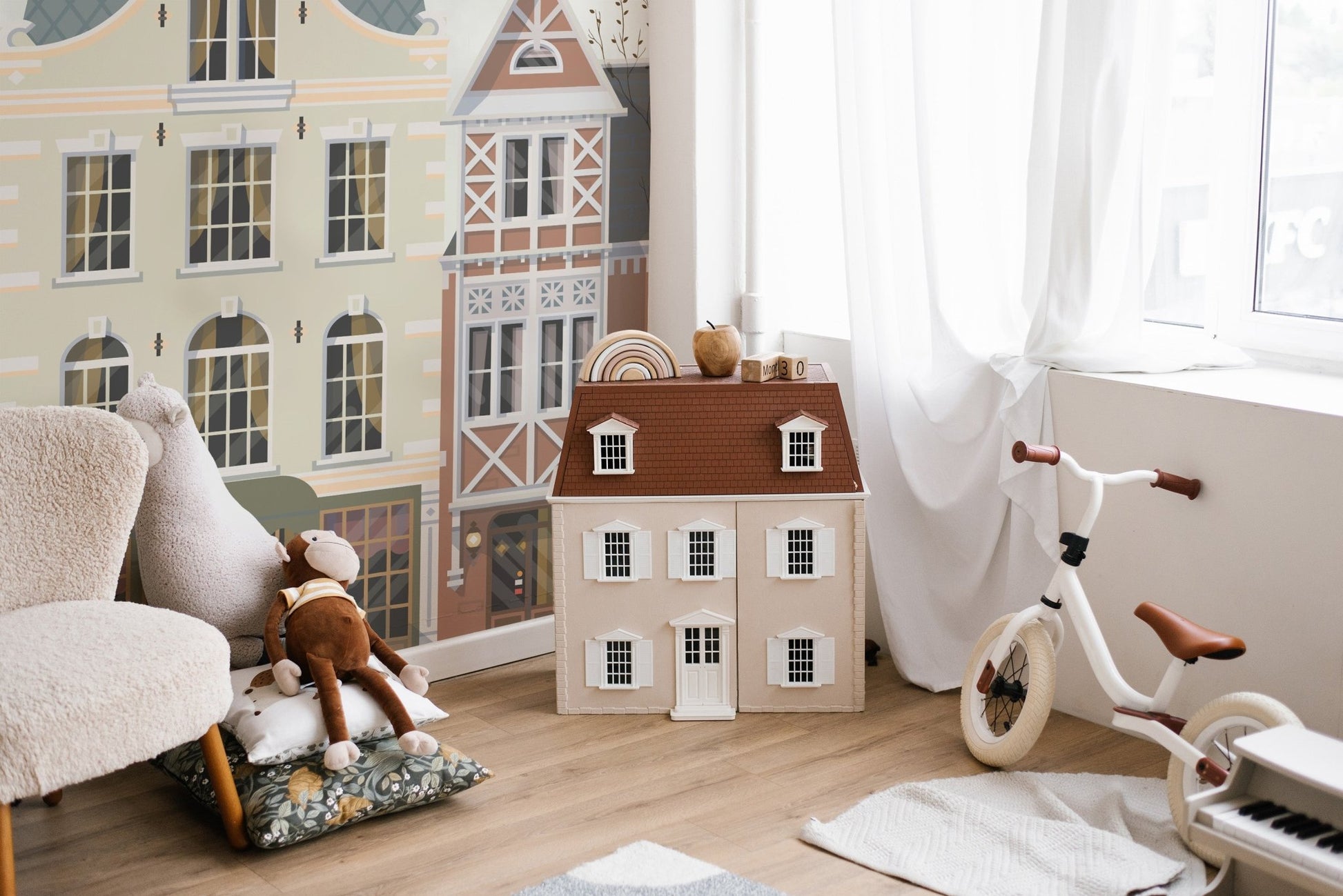 Detailed rowhouses wall mural with vintage exterior styling.