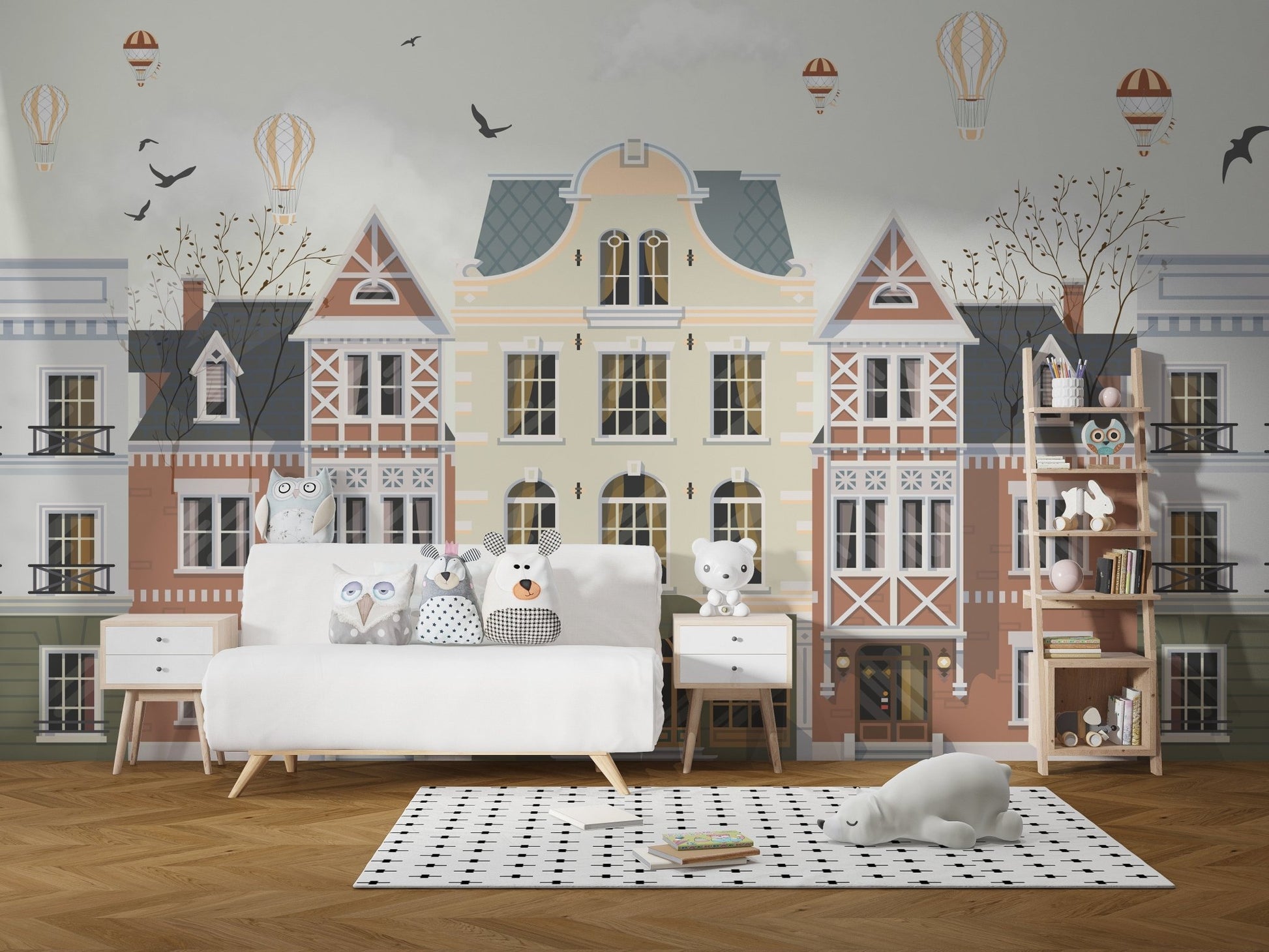 Pastel cityscape wall mural with symmetrical rowhouse design.