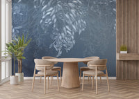 Soft blue floral wall mural in a minimalist dining area