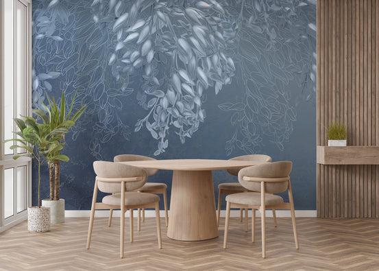Soft blue floral wall mural in a minimalist dining area