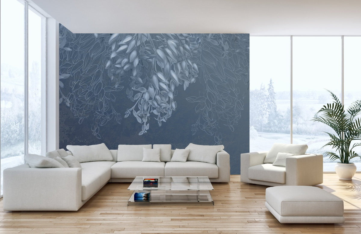 Modern living room with Breezy Floral Elegance wallpaper mural.