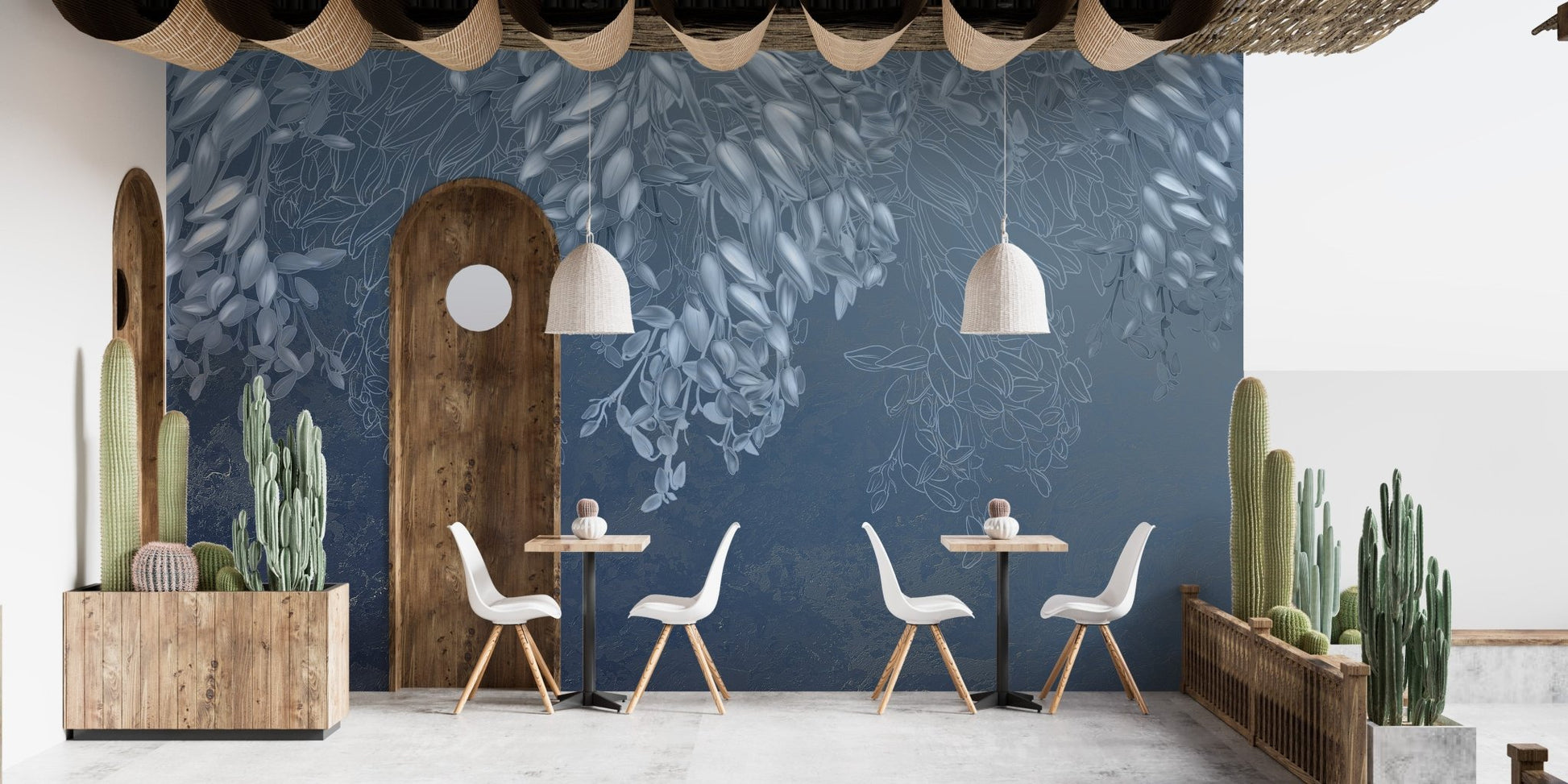 Elegant blue floral wall mural for a contemporary dining room