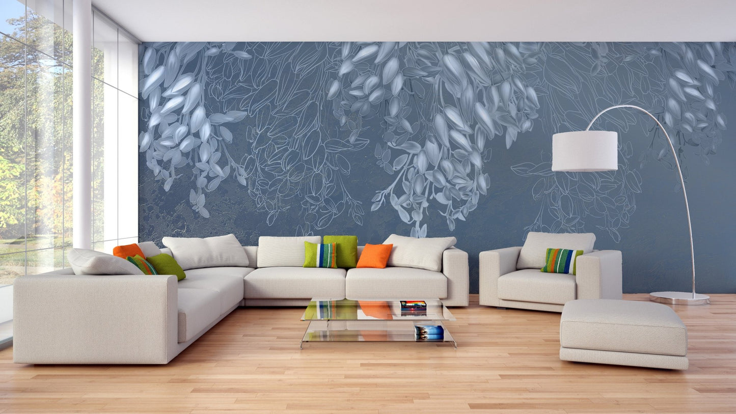 Feature wall with Breezy Floral Elegance mural in a living area