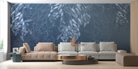 Blue floral wall mural accent wall in a modern home office.