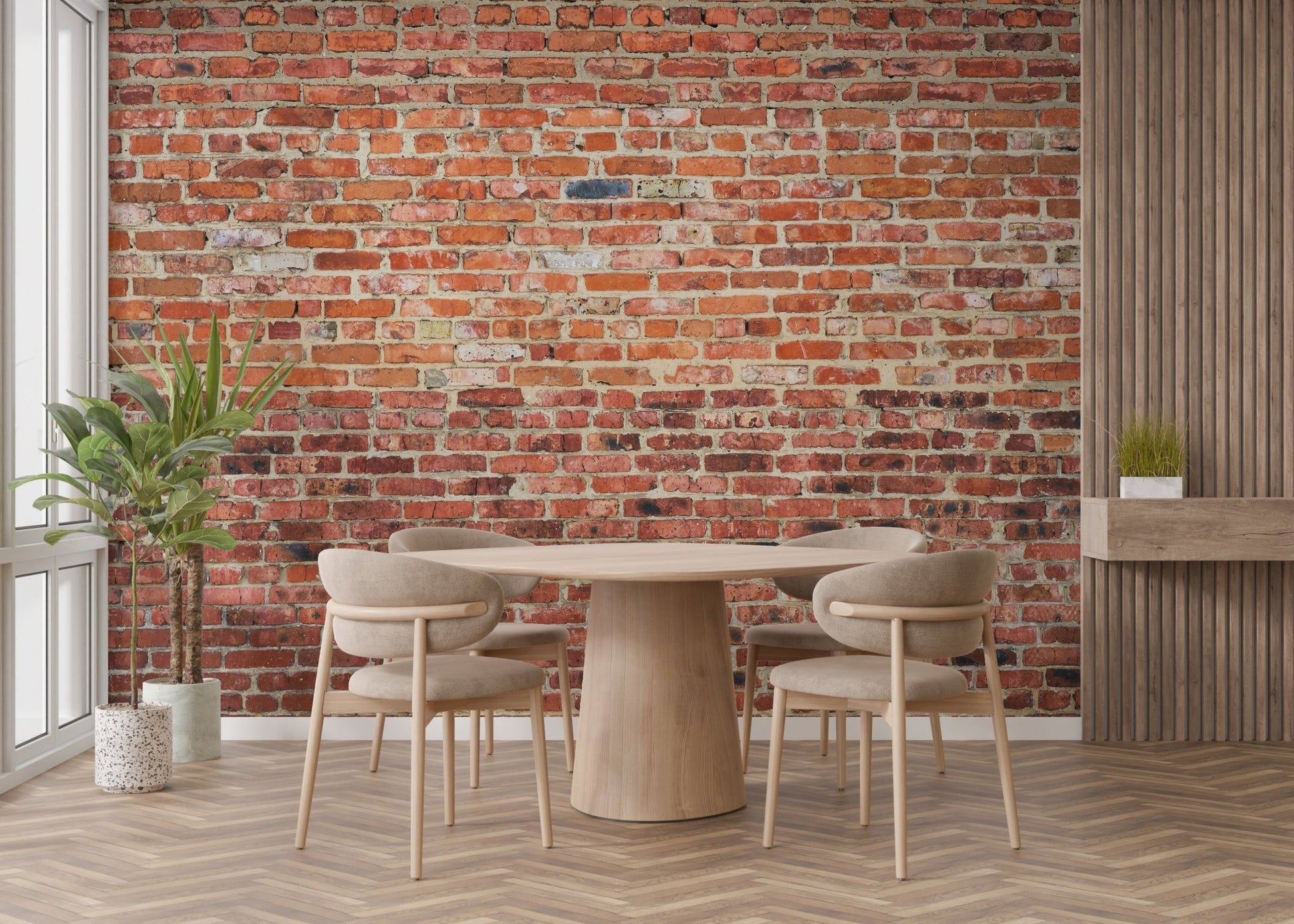 Minimalist dining space with a round table and red brick wall mural.