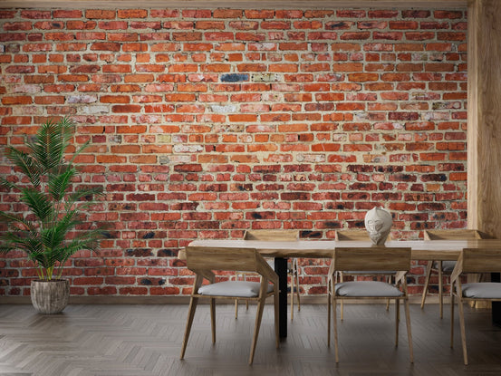 Dining room with Brick Wall Nostalgia Wall Murals and wooden table.